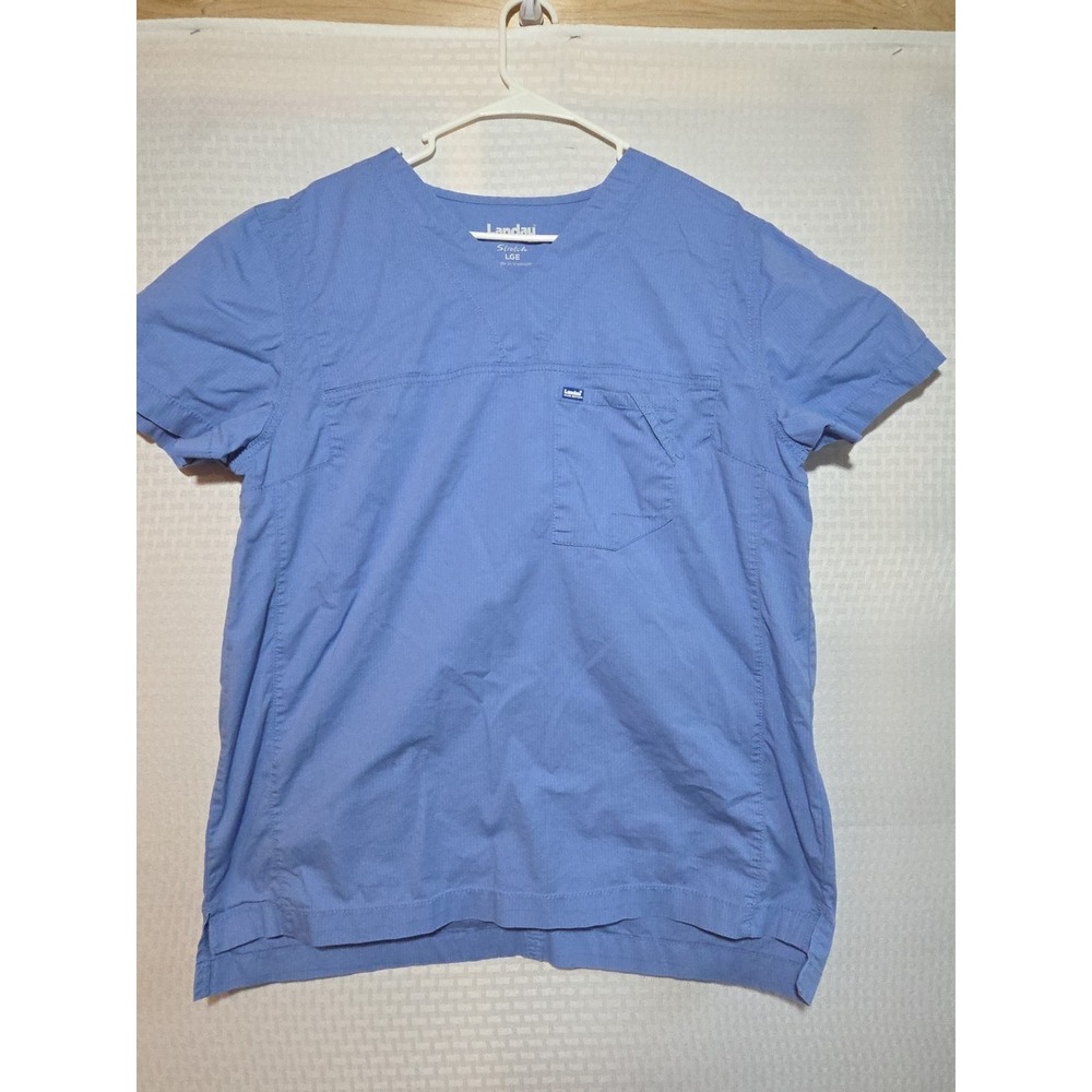 Landau Scrub Top Unisex‎ Large Blue Stretch V-Neck Short Sleeve Pocket Medical